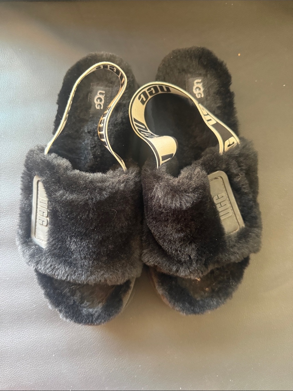 UGG Black Plush Backstrap Slides